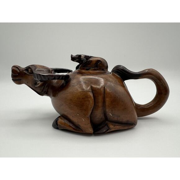 Hand Carved Chinese Brown Stained Soapstone Water Buffalo Lidded Creamer - Picture 6 of 14